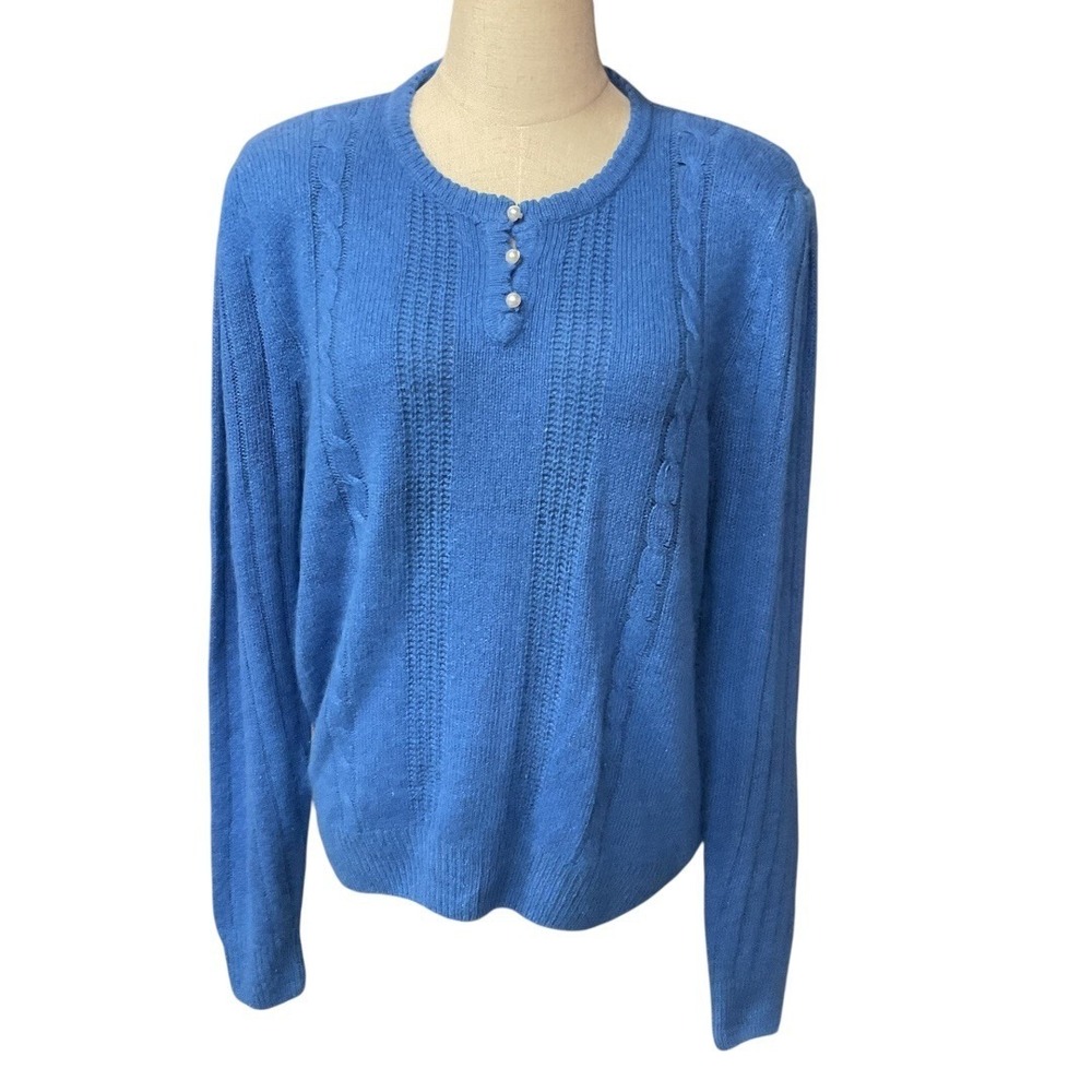 Rebecca Lynn Henley Silk Angora Lambwool Long Sleeve Crew Neck Sweater Blue Sz M